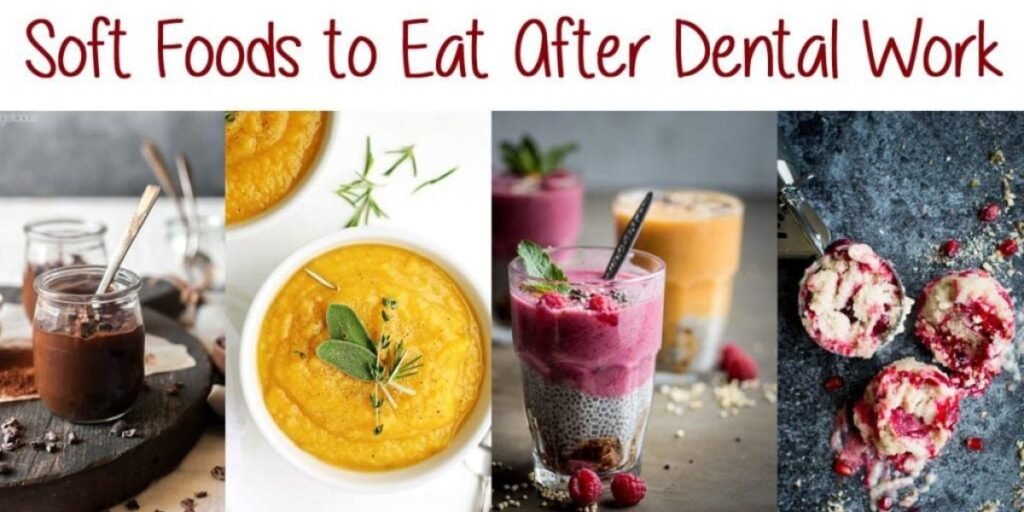 Soft foods to eat after tooth extraction including pudding, soup, smoothies, and mashed fruits
