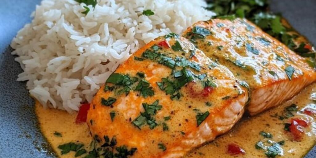 Soft fish with rice in creamy sauce — a healing meal from 50 soft foods to eat after tooth extraction.