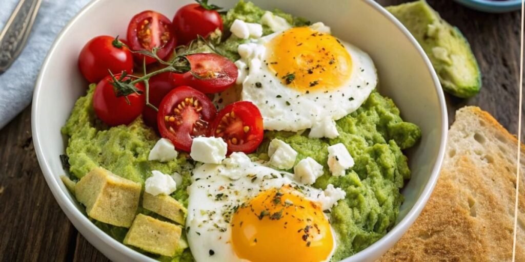 Healthy avocado egg bowl with tomatoes and feta