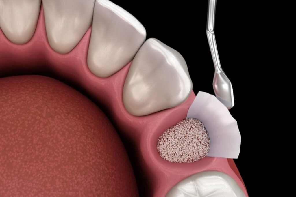 Dentist performing a bone graft after tooth extraction to rebuild jawbone for dental implant.